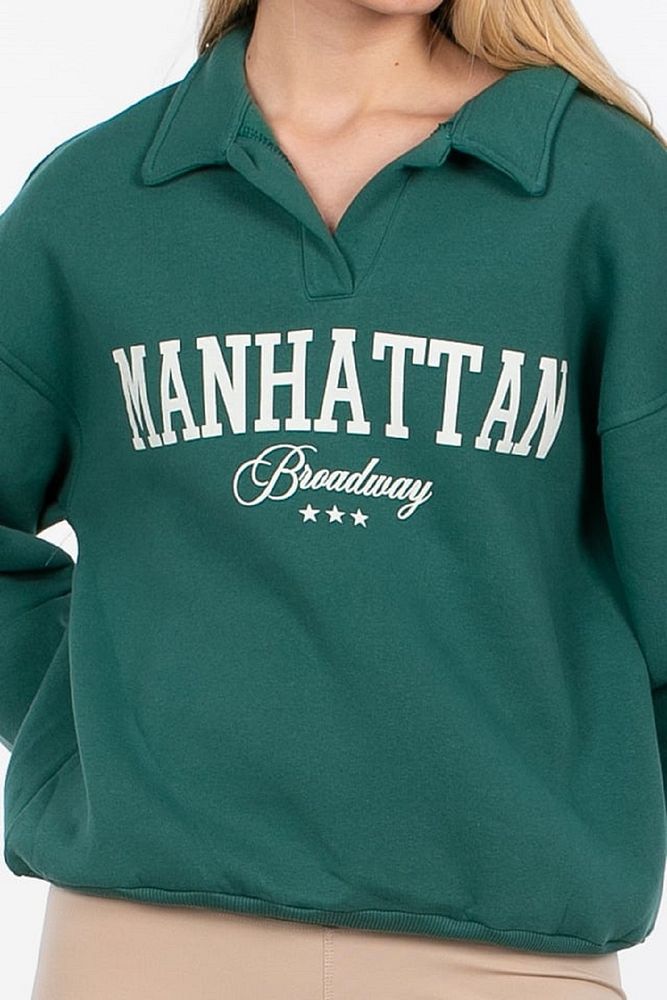 Kadın Polo Yaka 3 İplik Şardonlu Manhattan Yazı Baskılı Sweatshirt