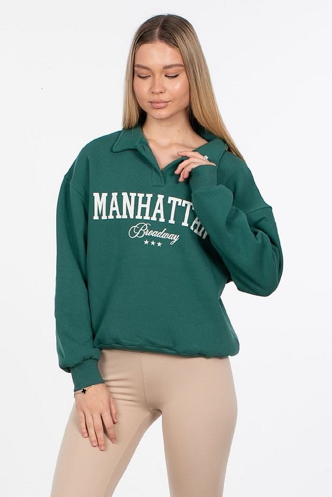 Kadın Polo Yaka 3 İplik Şardonlu Manhattan Yazı Baskılı Sweatshirt