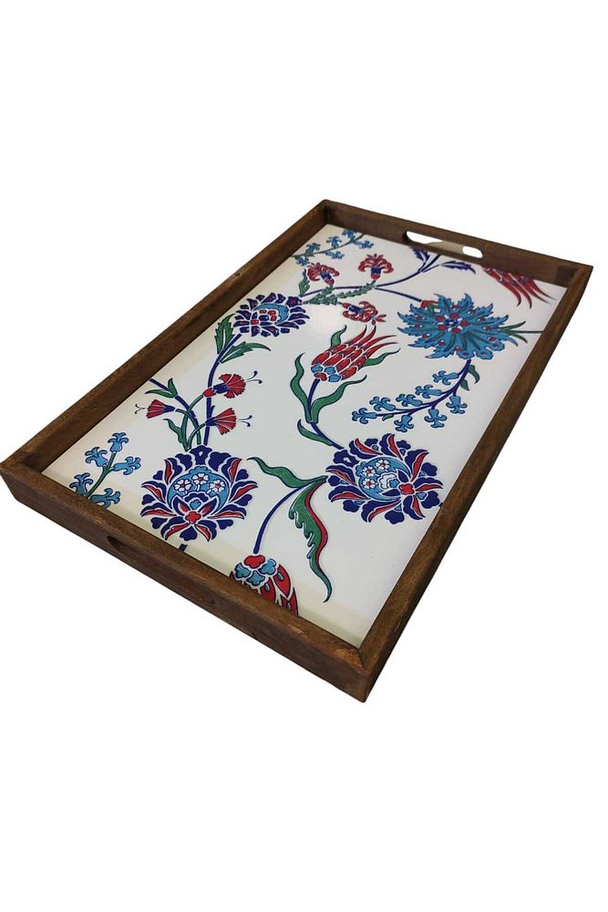 Tepsi 25 x 40 cm Çini MiA-DS Ahşap Fırınlanmış Kuru Kayın Çinili Sunum Tepsisi