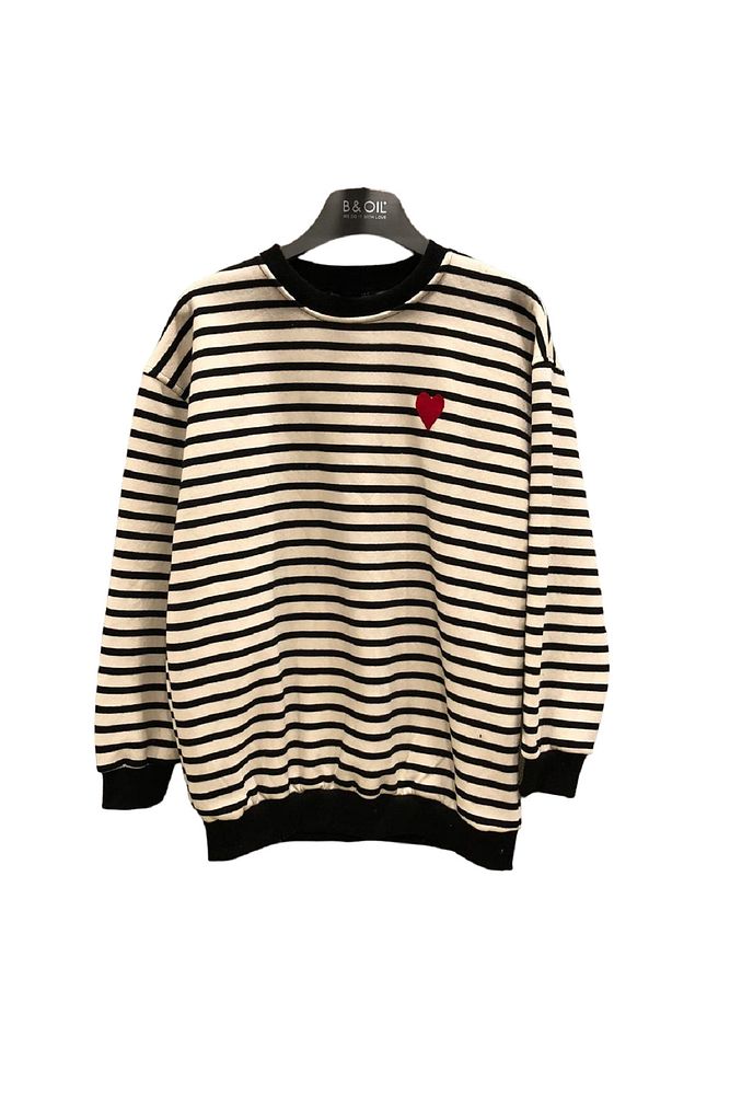 Kadın Ekru Siyah 3 İplik Şardonlu Bisiklet Yaka Kalpli Çizgili Sweatshirt