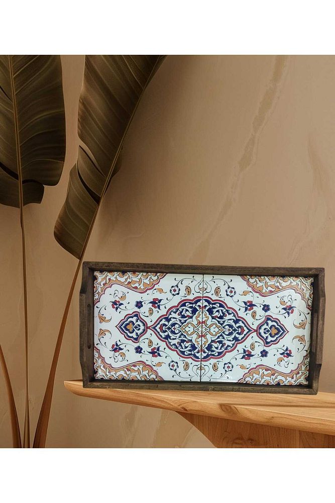 Saraylı Altın Çini Ahşap Fırınlanmış Kuru Kayın Çinili Sunum Tepsi 20x40 Cm