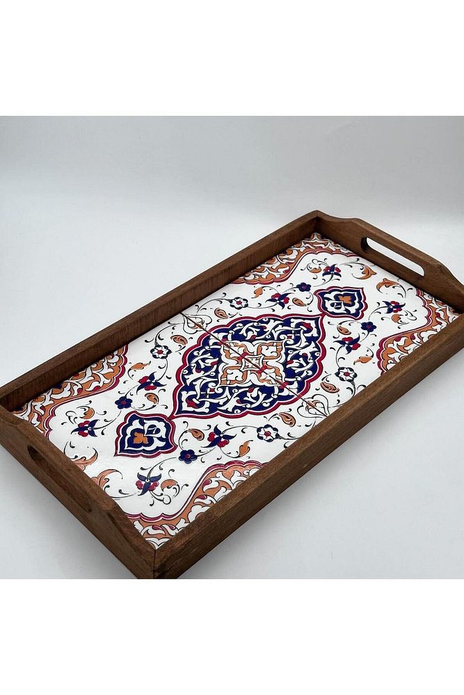 Saraylı Altın Çini Ahşap Fırınlanmış Kuru Kayın Çinili Sunum Tepsi 20x40 Cm
