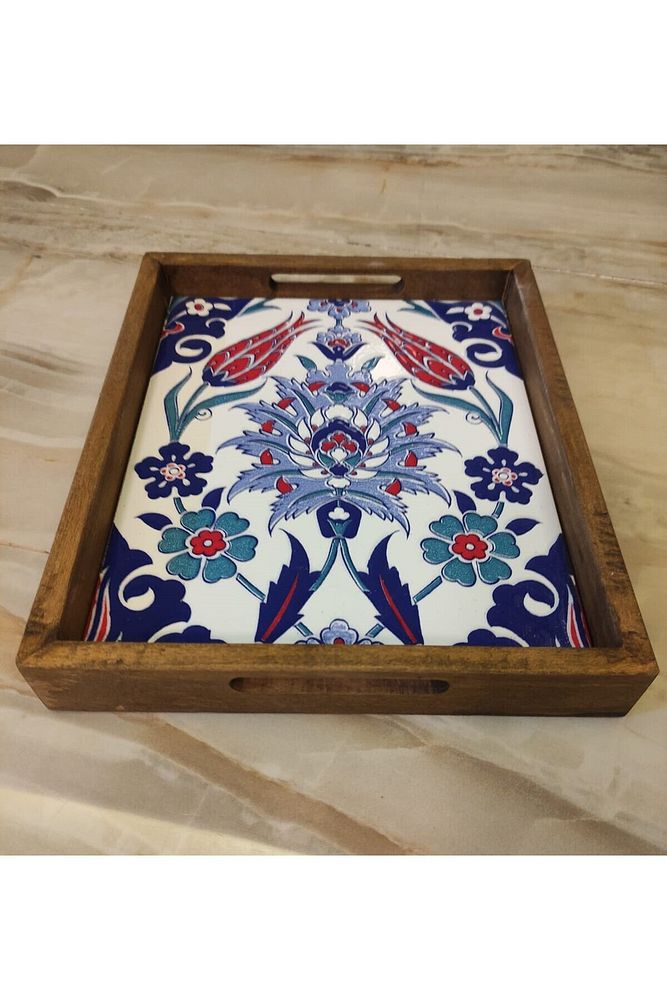 20 X 25 Cm Çini Mia-309 Ahşap Fırınlanmış Kuru Kayın Çinili Sunum Tepsi