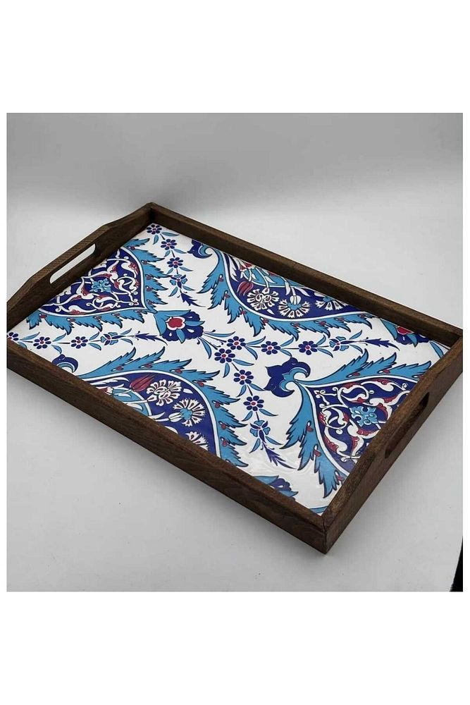 Şems Çini Mia-104 Ahşap Fırınlanmış Kuru Kayın Çinili Tepsi 25 X 40 Cm