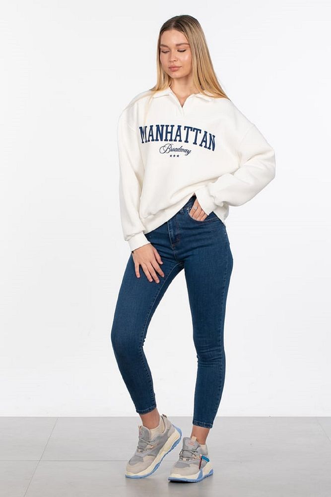 Kadın Polo Yaka 3 İplik Şardonlu Manhattan Yazı Baskılı Sweatshirt