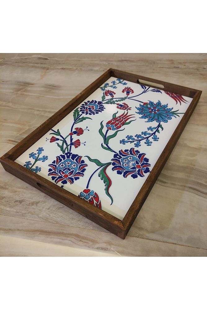 Tepsi 25 x 40 cm Çini MiA-DS Ahşap Fırınlanmış Kuru Kayın Çinili Sunum Tepsisi