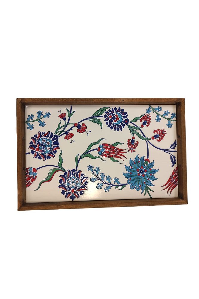 Tepsi 25 x 40 cm Çini MiA-DS Ahşap Fırınlanmış Kuru Kayın Çinili Sunum Tepsisi