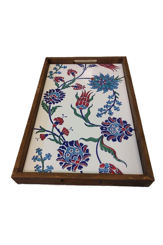 Tepsi 25 x 40 cm Çini MiA-DS Ahşap Fırınlanmış Kuru Kayın Çinili Sunum Tepsisi