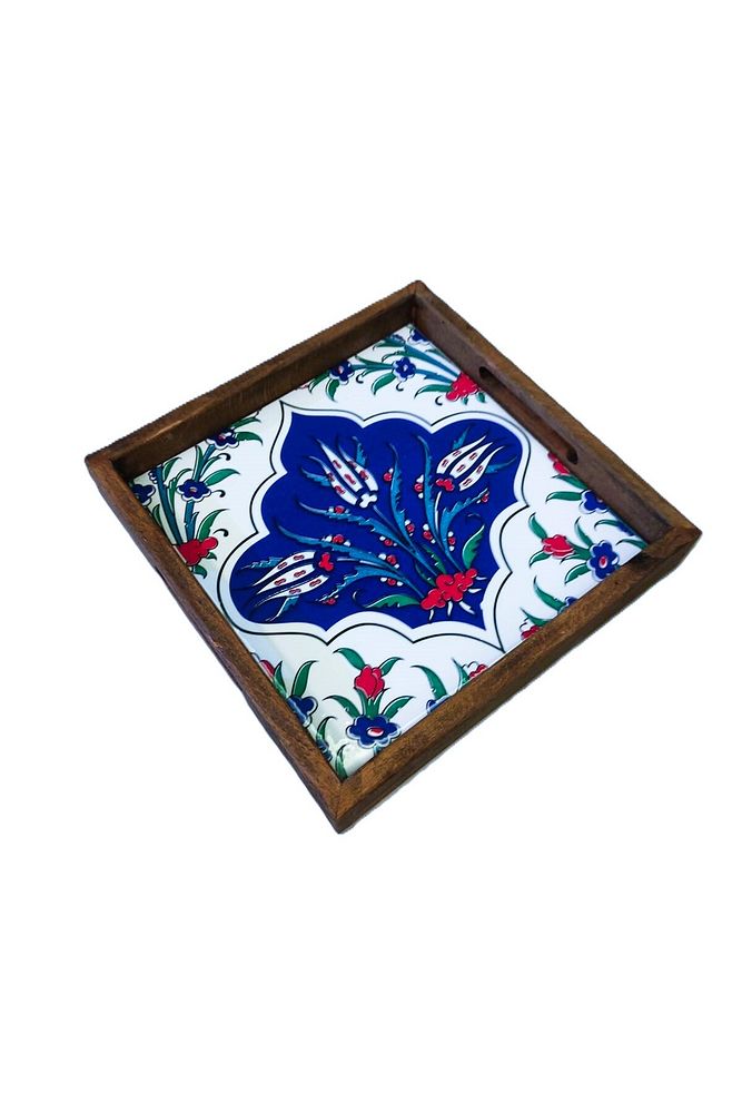 20 X 20 Cm Nihale Çini Mia-83t Ahşap Fırınlanmış Kuru Kayın Çinili Sunum Tepsisi