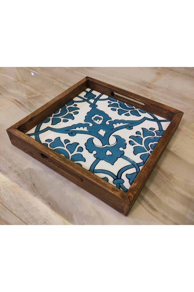 20 X 20 Cm Nihale Çini Mia-83t Ahşap Fırınlanmış Kuru Kayın Çinili Sunum Tepsisi