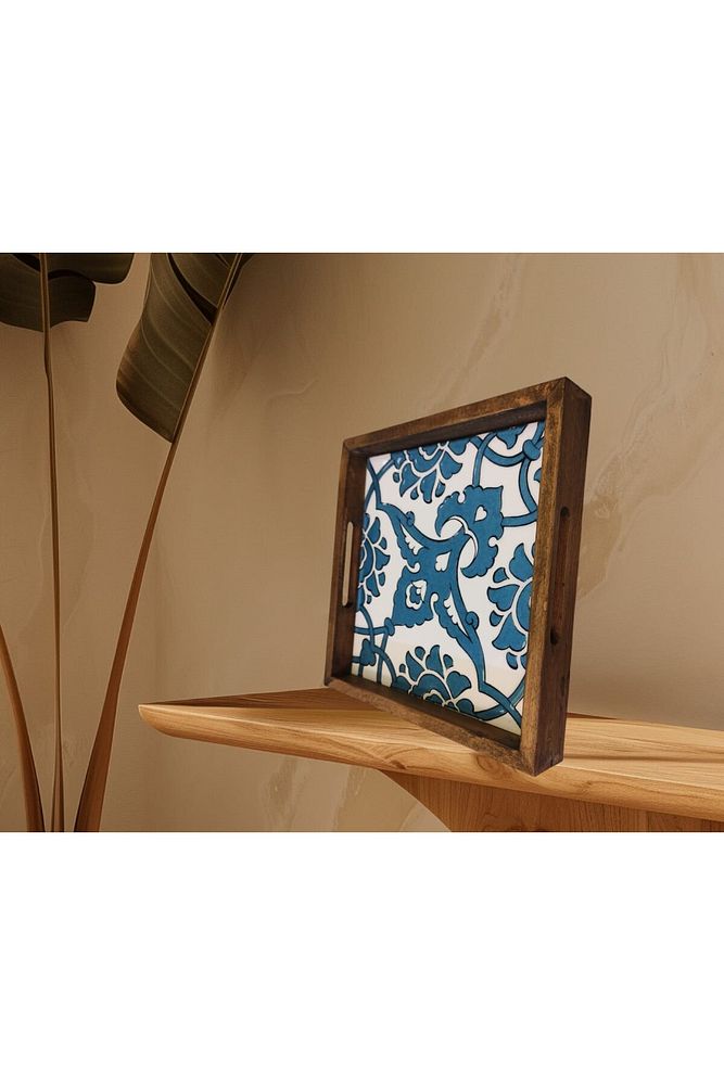 20 X 20 Cm Nihale Çini Mia-83t Ahşap Fırınlanmış Kuru Kayın Çinili Sunum Tepsisi