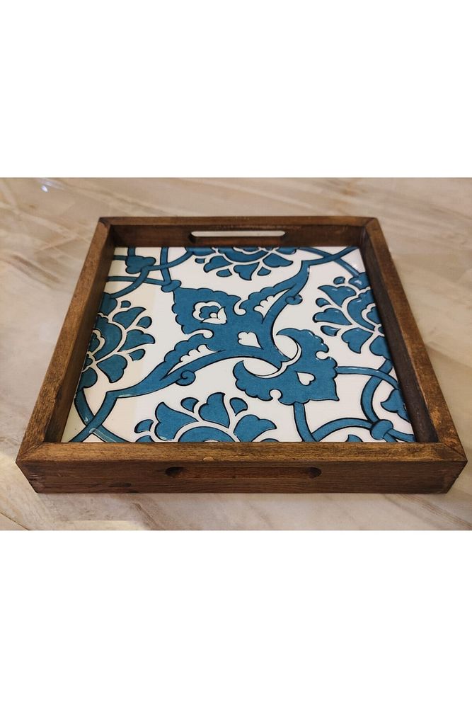 20 X 20 Cm Nihale Çini Mia-83t Ahşap Fırınlanmış Kuru Kayın Çinili Sunum Tepsisi