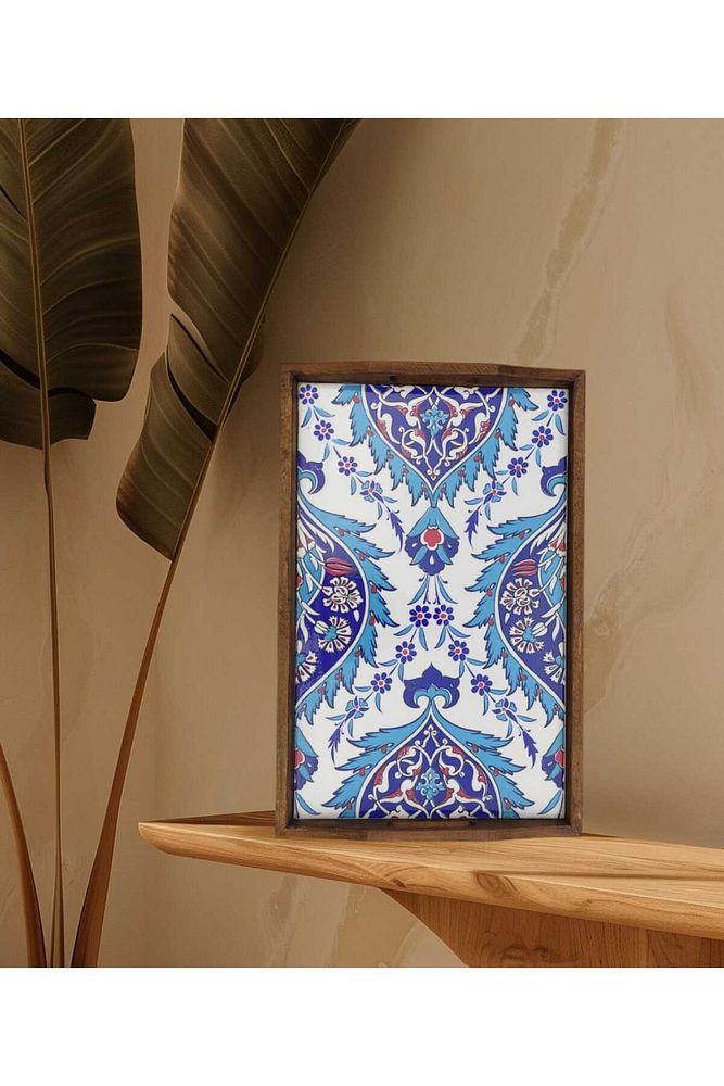 Şems Çini Mia-104 Ahşap Fırınlanmış Kuru Kayın Çinili Tepsi 25 X 40 Cm