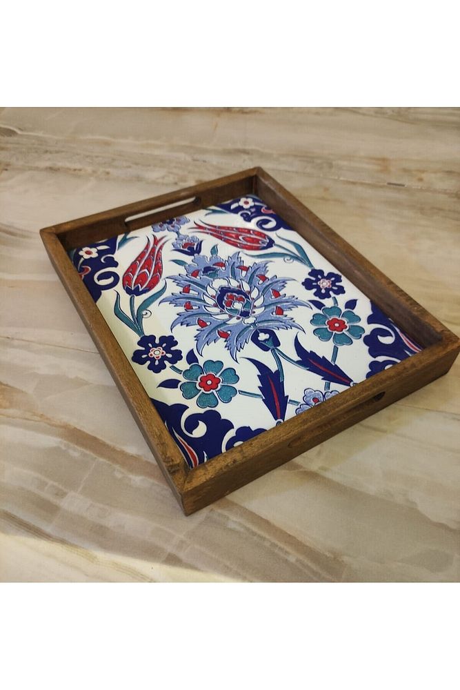 20 X 25 Cm Çini Mia-309 Ahşap Fırınlanmış Kuru Kayın Çinili Sunum Tepsi