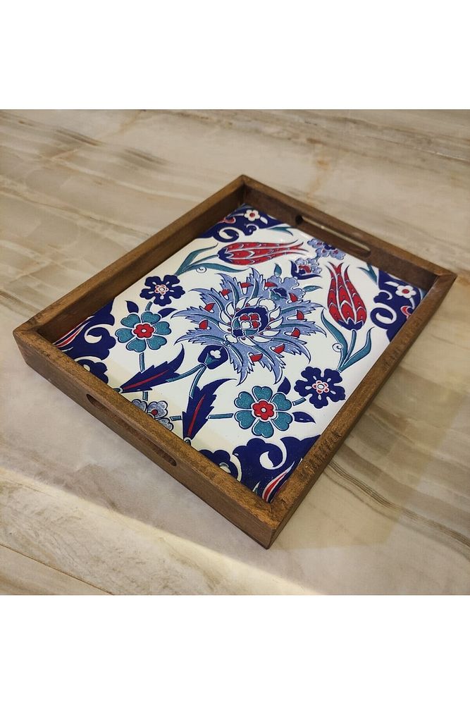 20 X 25 Cm Çini Mia-309 Ahşap Fırınlanmış Kuru Kayın Çinili Sunum Tepsi