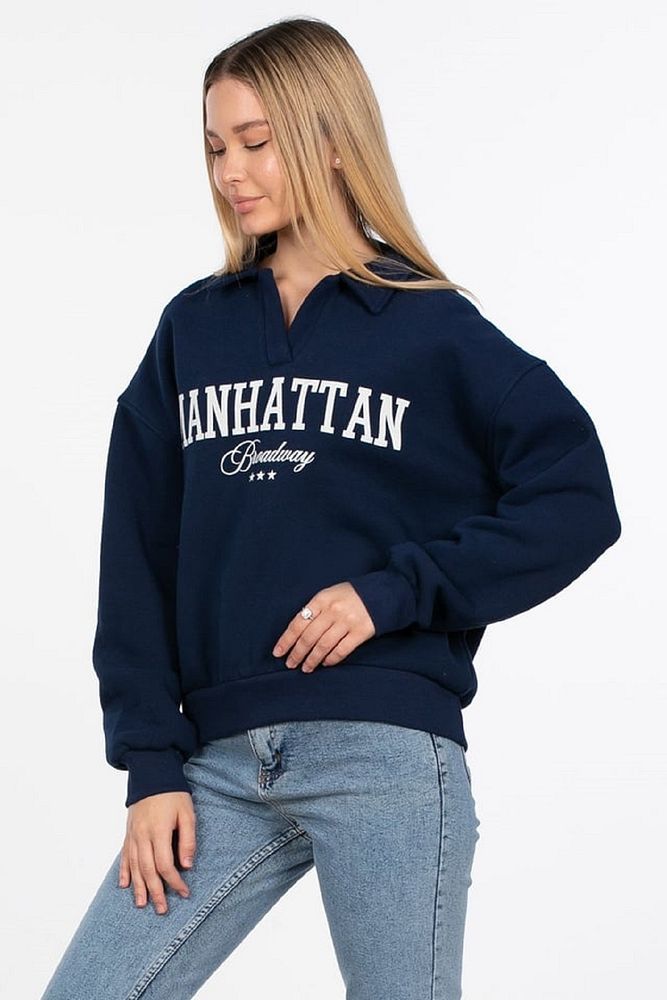 Kadın Polo Yaka 3 İplik Şardonlu Manhattan Yazı Baskılı Sweatshirt