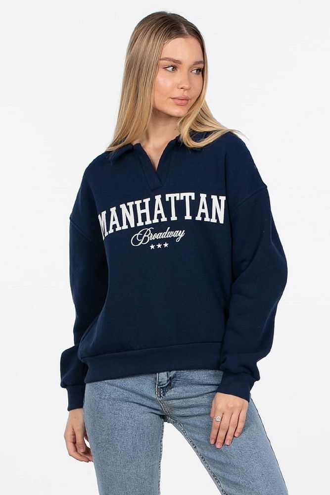 Kadın Polo Yaka 3 İplik Şardonlu Manhattan Yazı Baskılı Sweatshirt