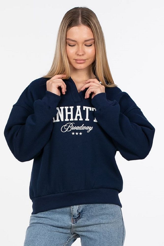 Kadın Polo Yaka 3 İplik Şardonlu Manhattan Yazı Baskılı Sweatshirt