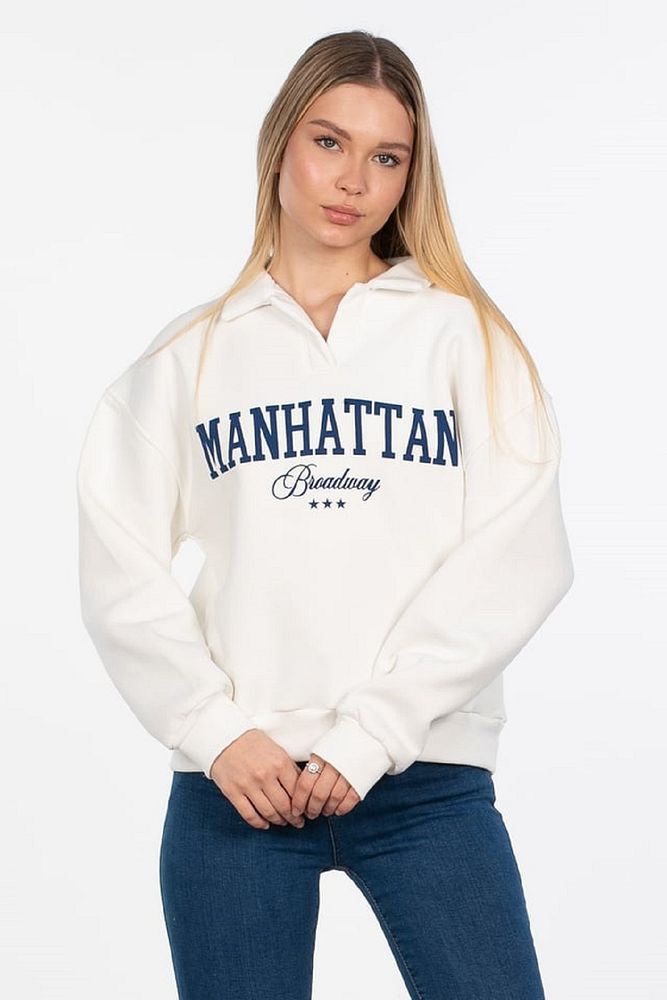 Kadın Polo Yaka 3 İplik Şardonlu Manhattan Yazı Baskılı Sweatshirt
