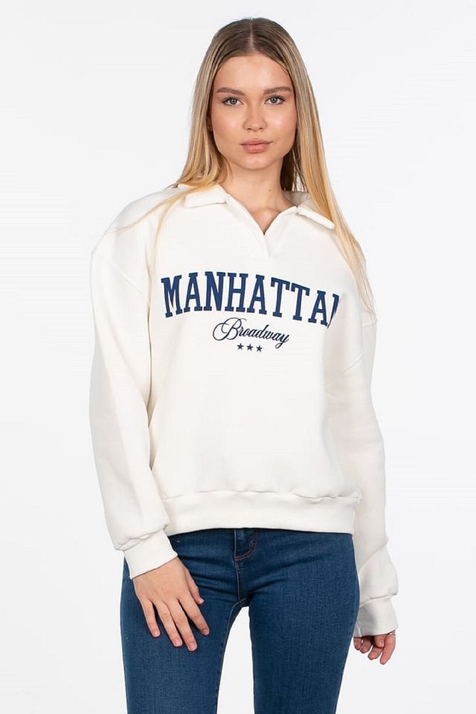Kadın Polo Yaka 3 İplik Şardonlu Manhattan Yazı Baskılı Sweatshirt