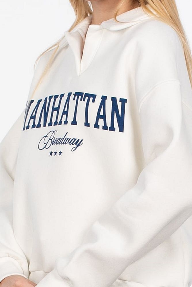 Kadın Polo Yaka 3 İplik Şardonlu Manhattan Yazı Baskılı Sweatshirt