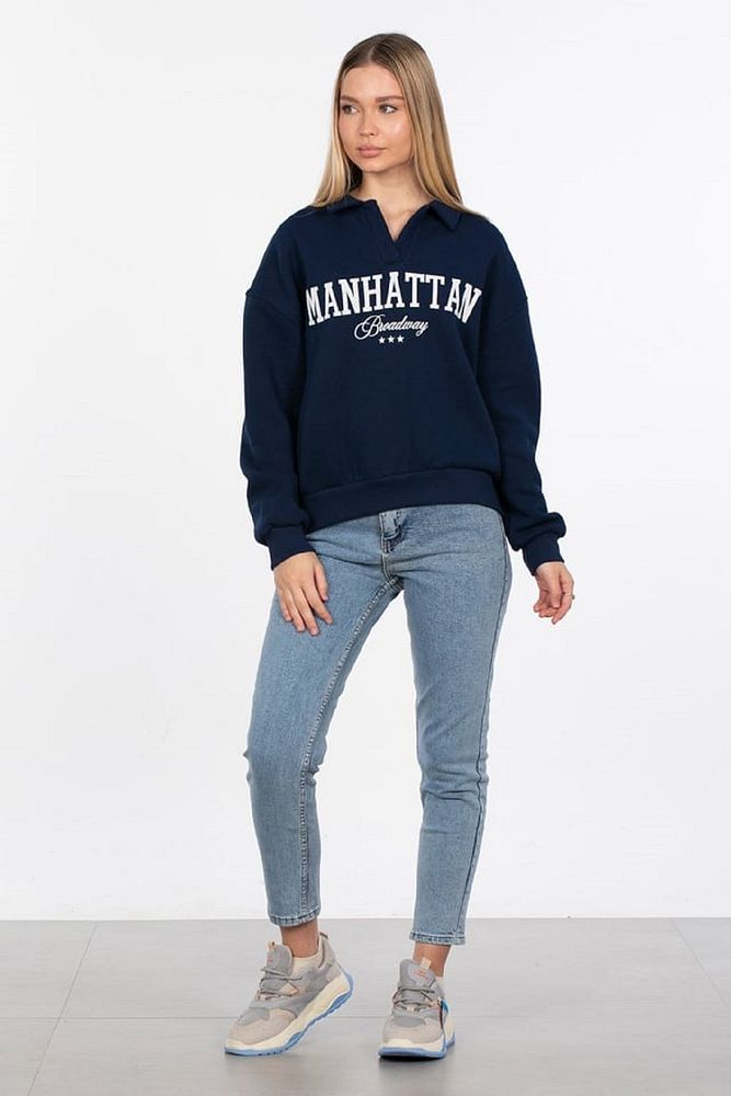 Kadın Polo Yaka 3 İplik Şardonlu Manhattan Yazı Baskılı Sweatshirt