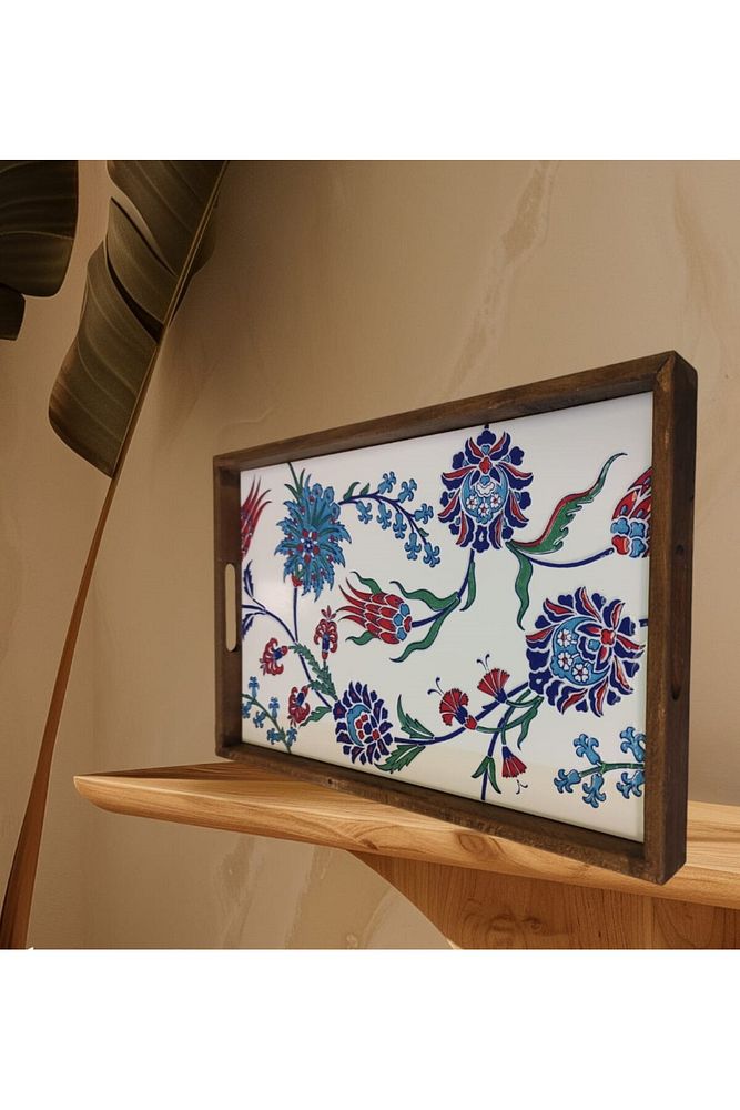Tepsi 25 x 40 cm Çini MiA-DS Ahşap Fırınlanmış Kuru Kayın Çinili Sunum Tepsisi