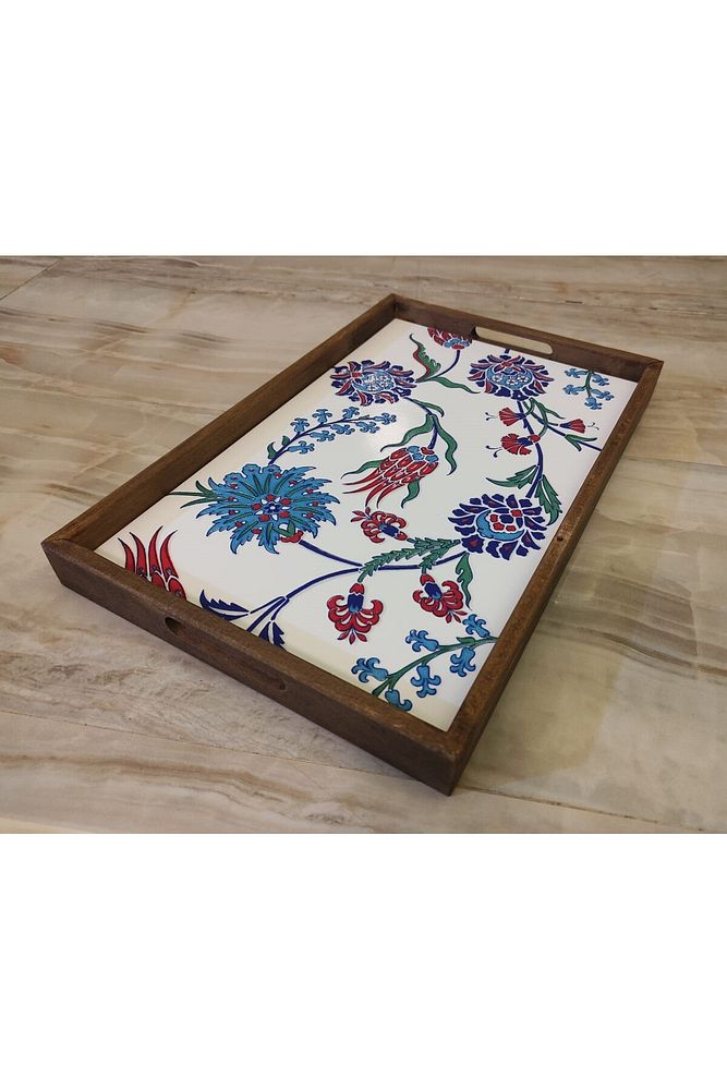 Tepsi 25 x 40 cm Çini MiA-DS Ahşap Fırınlanmış Kuru Kayın Çinili Sunum Tepsisi