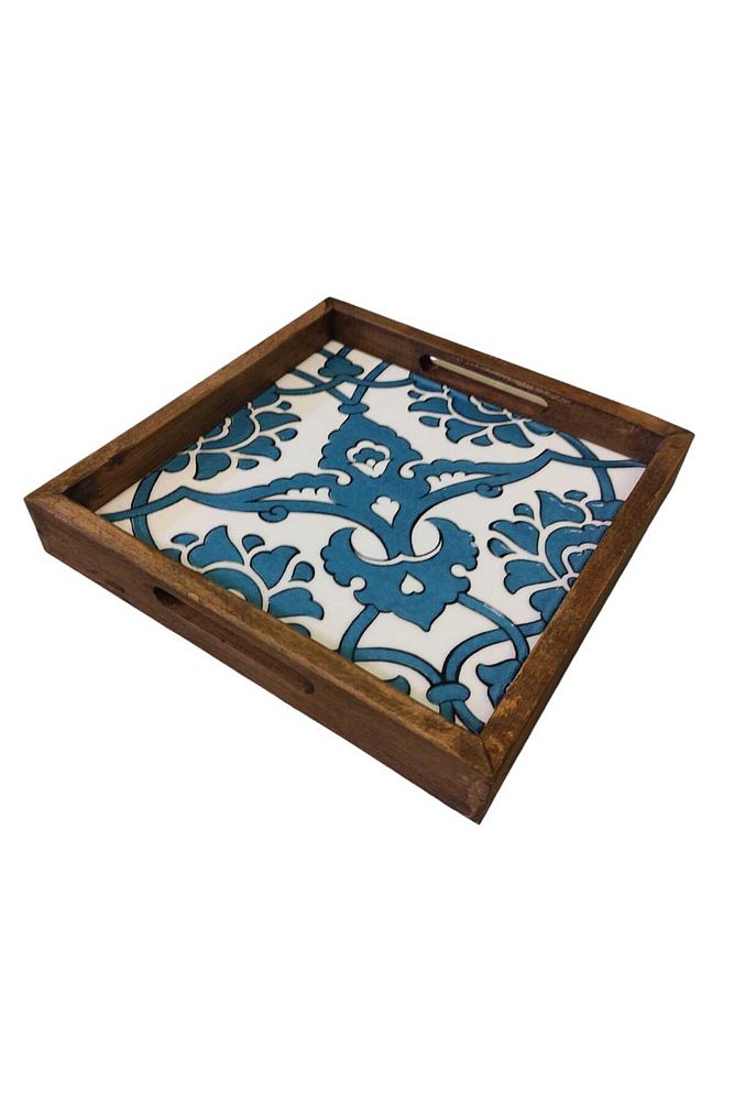 20 X 20 Cm Nihale Çini Mia-83t Ahşap Fırınlanmış Kuru Kayın Çinili Sunum Tepsisi