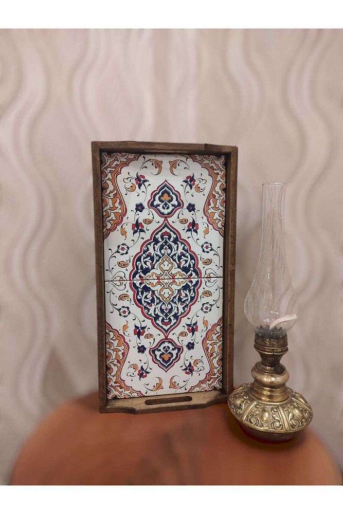 Saraylı Altın Çini Ahşap Fırınlanmış Kuru Kayın Çinili Sunum Tepsi 20x40 Cm