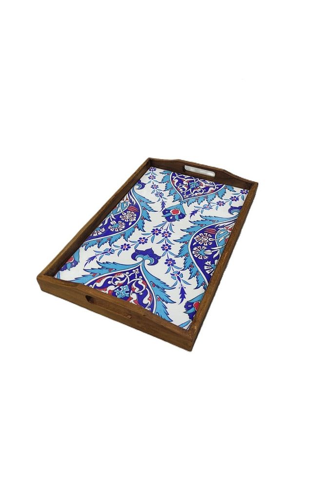 Şems Çini Mia-104 Ahşap Fırınlanmış Kuru Kayın Çinili Tepsi 25 X 40 Cm