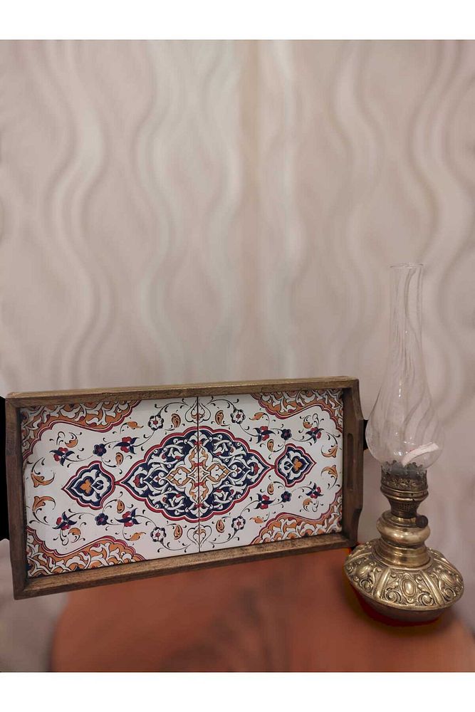 Saraylı Altın Çini Ahşap Fırınlanmış Kuru Kayın Çinili Sunum Tepsi 20x40 Cm