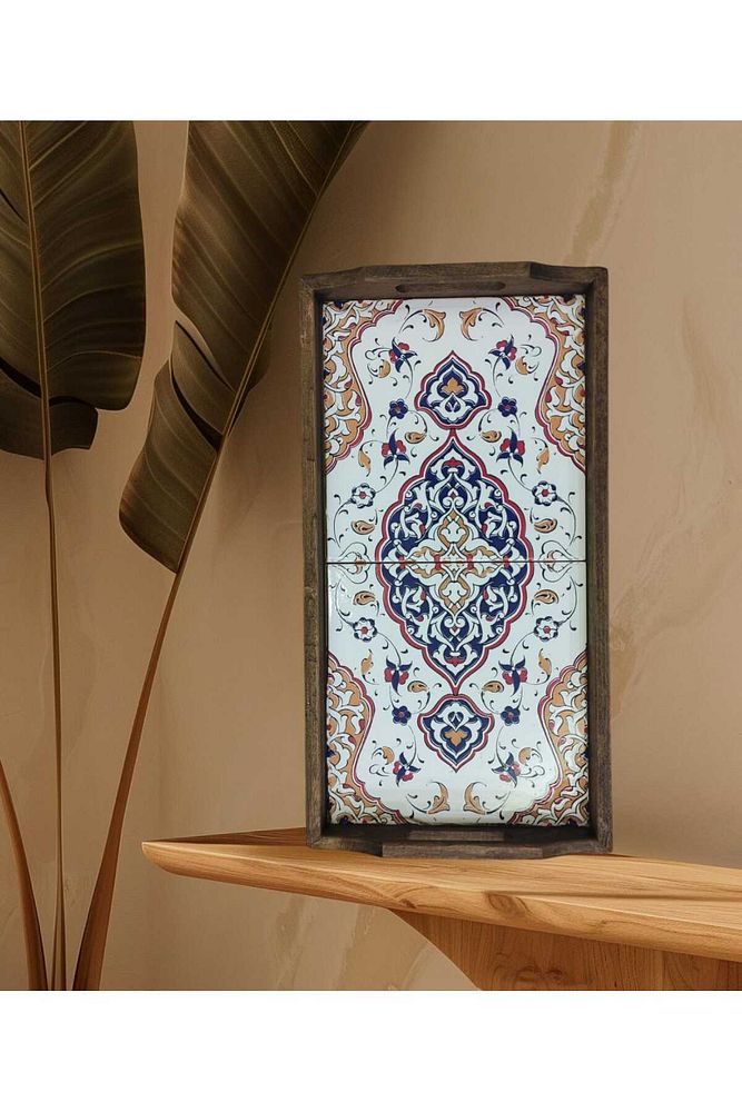 Saraylı Altın Çini Ahşap Fırınlanmış Kuru Kayın Çinili Sunum Tepsi 20x40 Cm