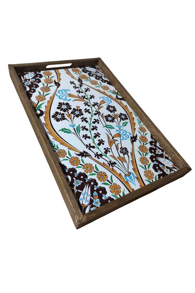Tepsi 25 x 40 cm Çini MiA-DS Ahşap Fırınlanmış Kuru Kayın Çinili Sunum Tepsisi