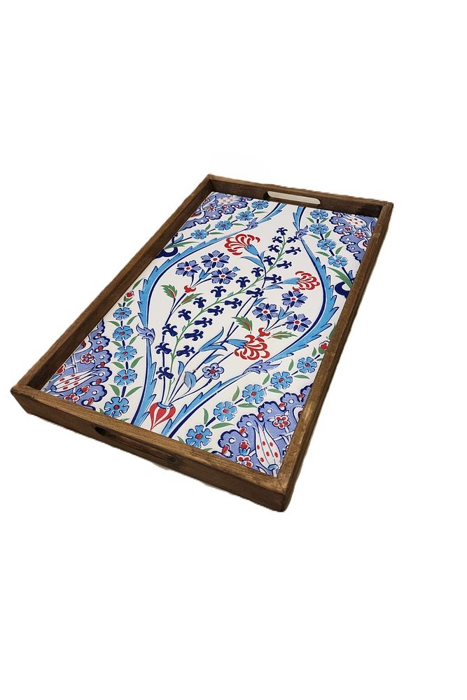 Tepsi 25 x 40 cm Çini MiA-DS Ahşap Fırınlanmış Kuru Kayın Çinili Sunum Tepsisi