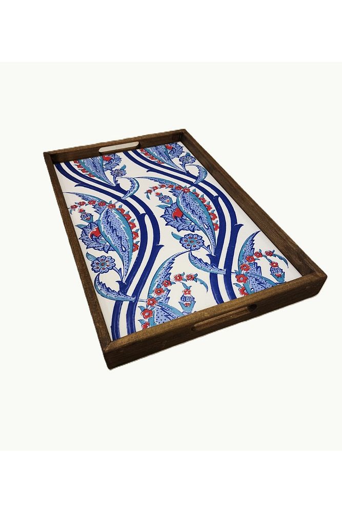 Tepsi 25 x 40 cm Çini MiA-DS Ahşap Fırınlanmış Kuru Kayın Çinili Sunum Tepsisi