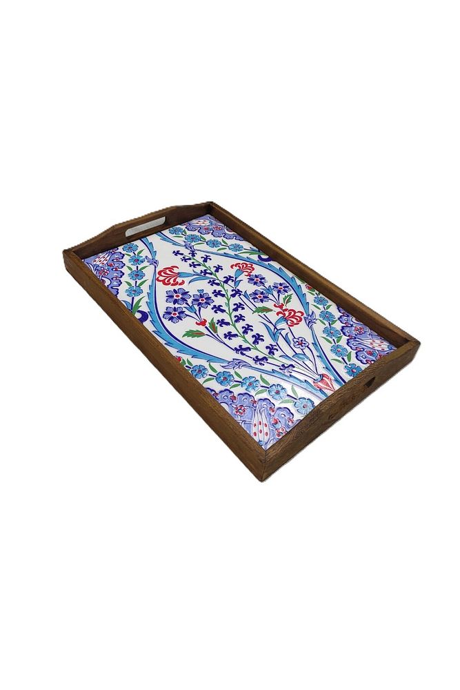 Şems Çini Mia-104 Ahşap Fırınlanmış Kuru Kayın Çinili Tepsi 25 X 40 Cm