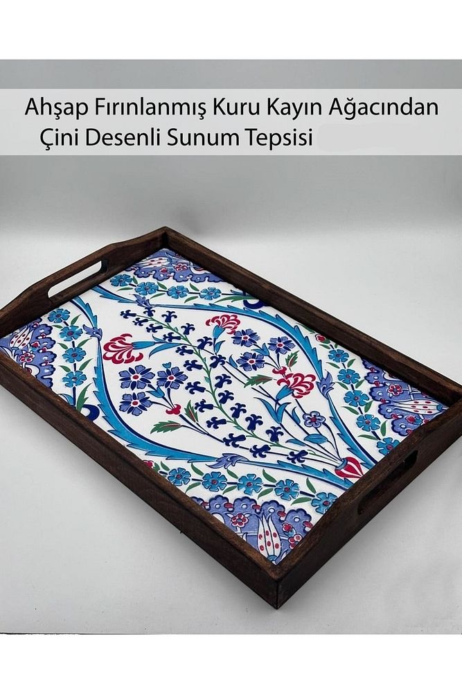 Şems Çini Mia-104 Ahşap Fırınlanmış Kuru Kayın Çinili Tepsi 25 X 40 Cm