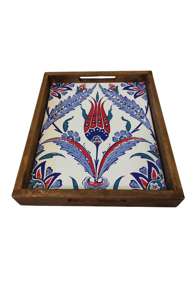20 X 25 Cm Çini Mia-309 Ahşap Fırınlanmış Kuru Kayın Çinili Sunum Tepsi
