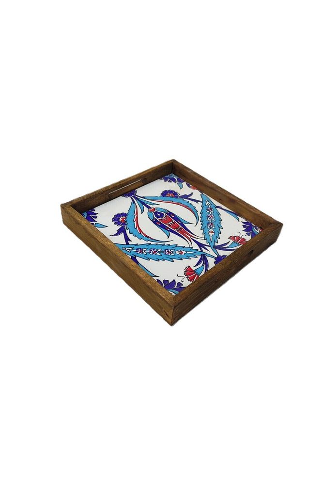 20 X 20 Cm Nihale Çini Mia-83t Ahşap Fırınlanmış Kuru Kayın Çinili Sunum Tepsisi