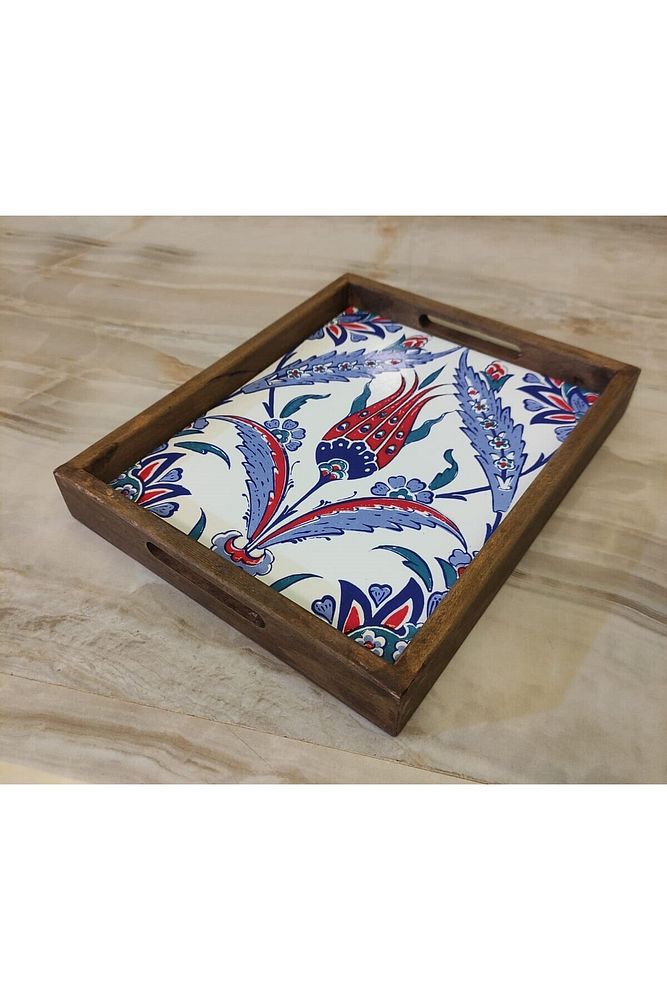 20 X 25 Cm Çini Mia-309 Ahşap Fırınlanmış Kuru Kayın Çinili Sunum Tepsi