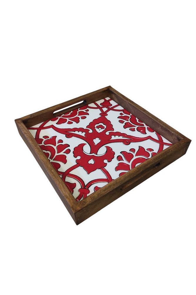 20 X 20 Cm Nihale Çini Mia-83t Ahşap Fırınlanmış Kuru Kayın Çinili Sunum Tepsisi