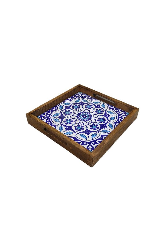 20 X 20 Cm Nihale Çini Mia-83t Ahşap Fırınlanmış Kuru Kayın Çinili Sunum Tepsisi