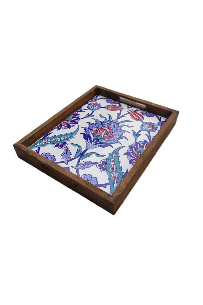 20 X 25 Cm Çini Mia-309 Ahşap Fırınlanmış Kuru Kayın Çinili Sunum Tepsi