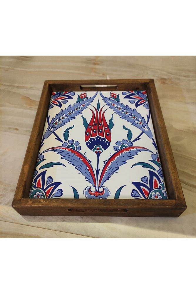20 X 25 Cm Çini Mia-309 Ahşap Fırınlanmış Kuru Kayın Çinili Sunum Tepsi