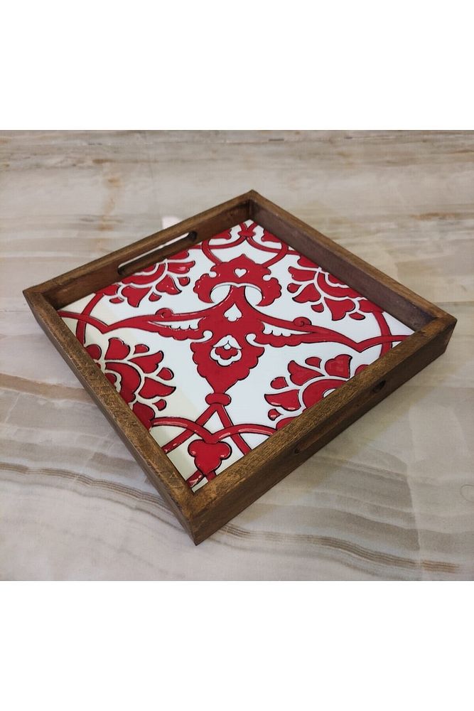 20 X 20 Cm Nihale Çini Mia-83t Ahşap Fırınlanmış Kuru Kayın Çinili Sunum Tepsisi