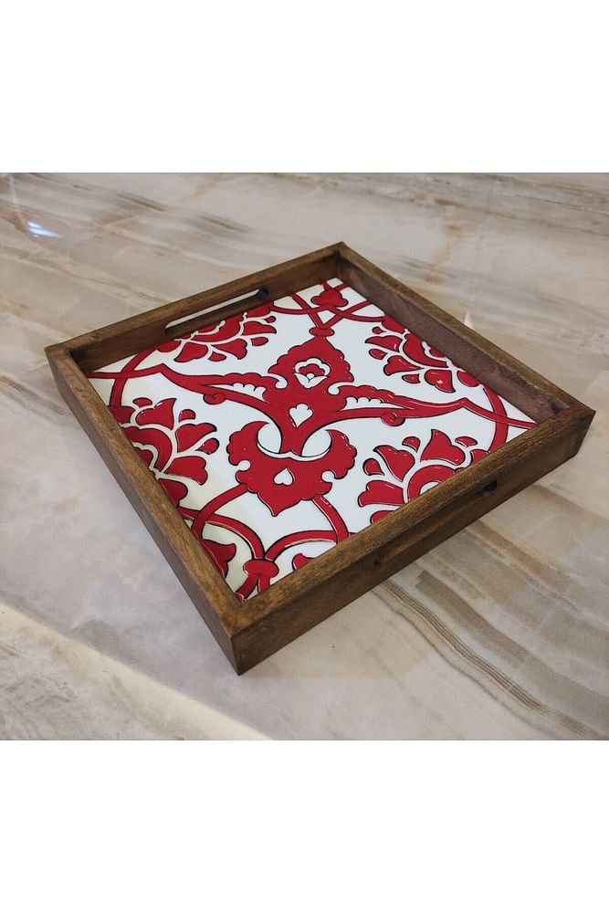 20 X 20 Cm Nihale Çini Mia-83t Ahşap Fırınlanmış Kuru Kayın Çinili Sunum Tepsisi