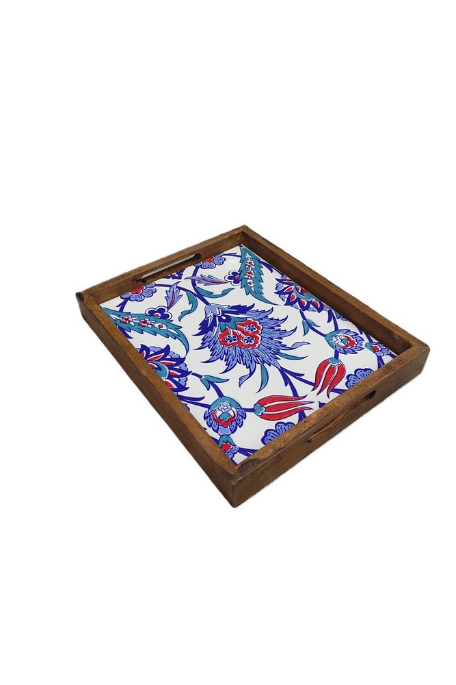 20 X 25 Cm Çini Mia-309 Ahşap Fırınlanmış Kuru Kayın Çinili Sunum Tepsi
