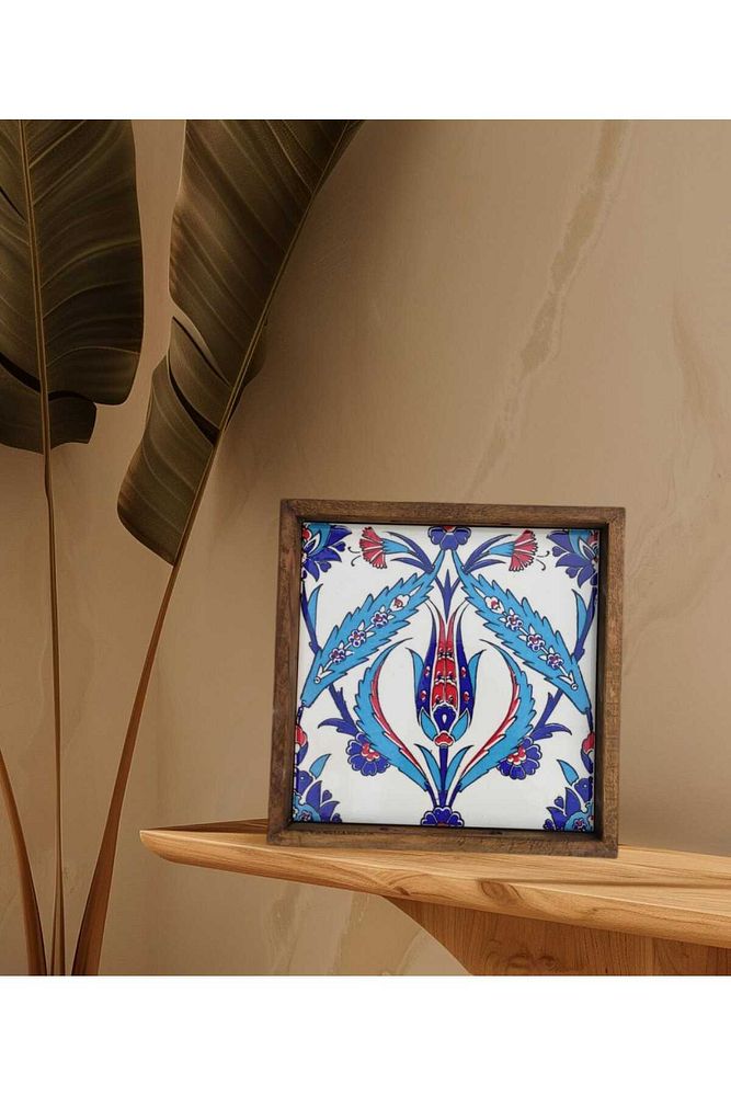 20 X 20 Cm Nihale Çini Mia-83t Ahşap Fırınlanmış Kuru Kayın Çinili Sunum Tepsisi