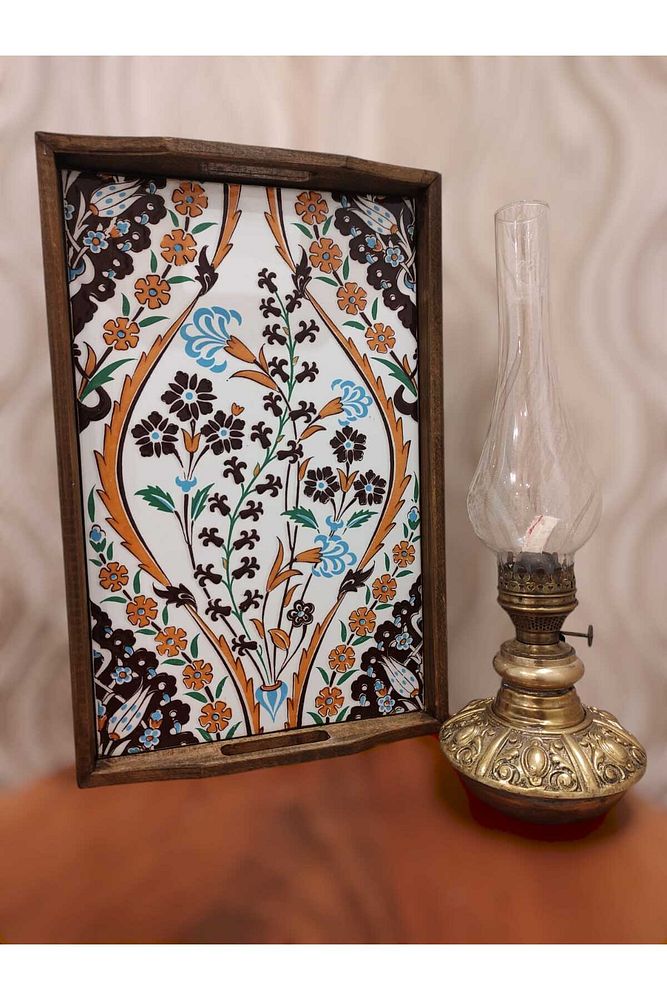 Şems Çini Mia-104 Ahşap Fırınlanmış Kuru Kayın Çinili Tepsi 25 X 40 Cm